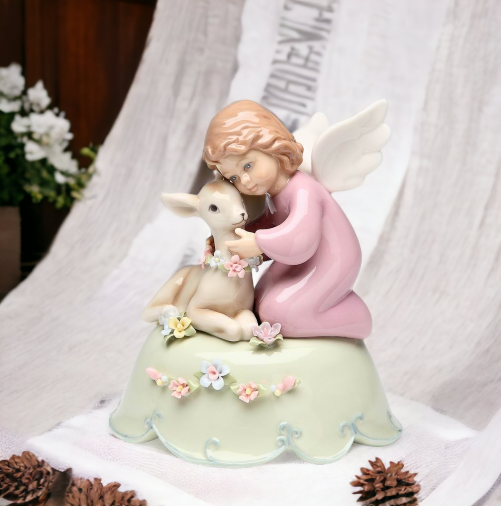 Ceramic Angel with Deer Music Box Home Décor Religious Décor Religious Gift Church Décor Baptism Gift - Music Boxes