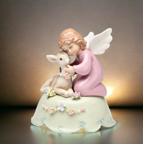 Ceramic Angel with Deer Music Box Home Décor Religious Décor Religious Gift Church Décor Baptism Gift - Music Boxes