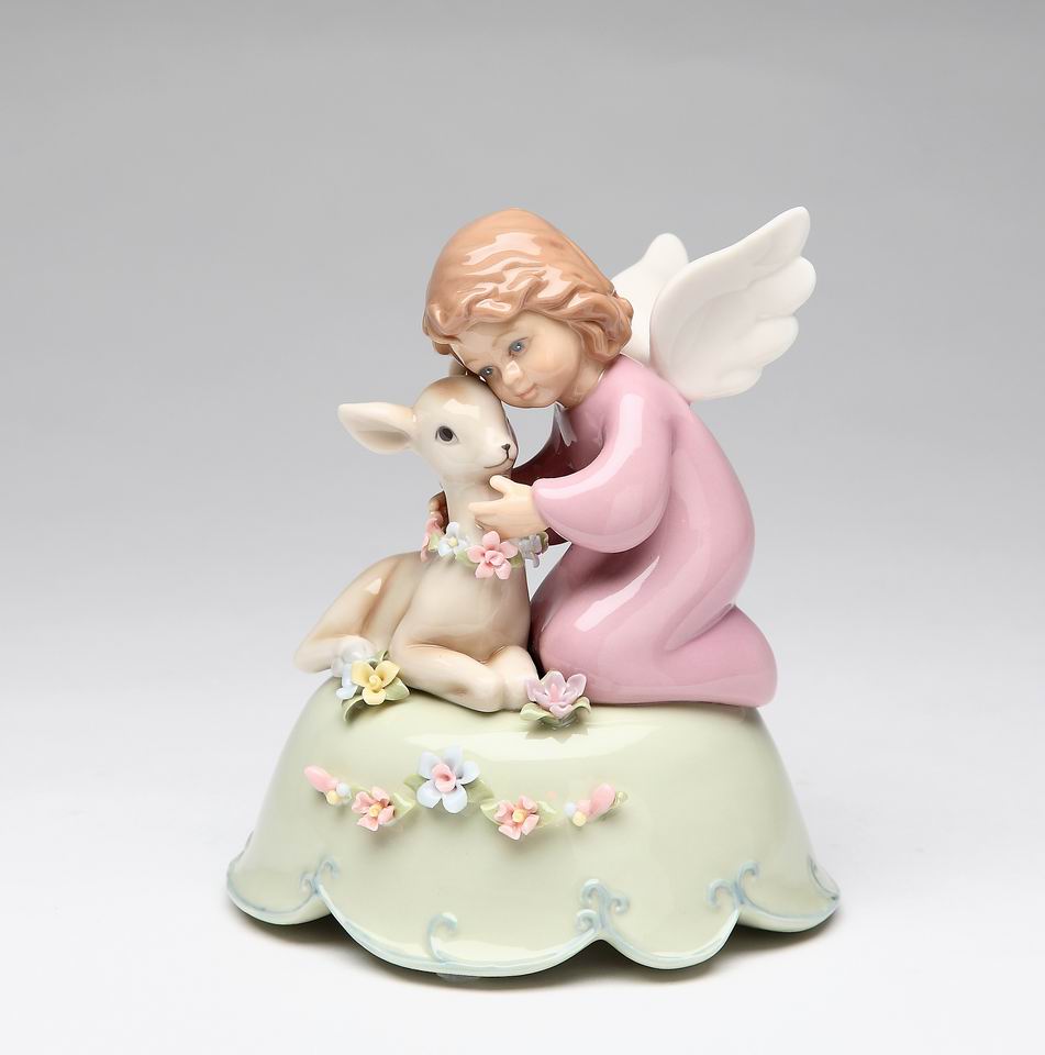 Ceramic Angel with Deer Music Box Home Décor Religious Décor Religious Gift Church Décor Baptism Gift - Music Boxes