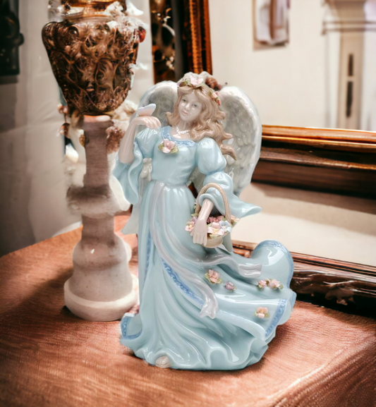 Ceramic Angel with Flower Basket Music Box Home Décor Religious Décor Religious Gift Church Décor Baptism Gift - Music