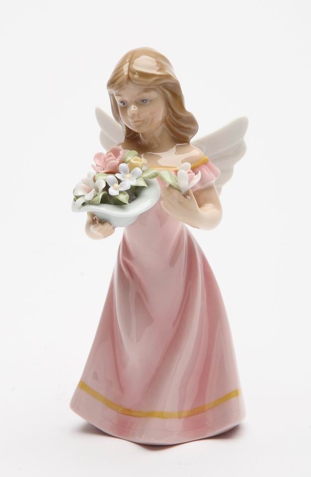 Ceramic Angel with Flowers in Pink Dress Figurine Religious Décor Religious Gift Church Décor Church Gift Baptism Gift