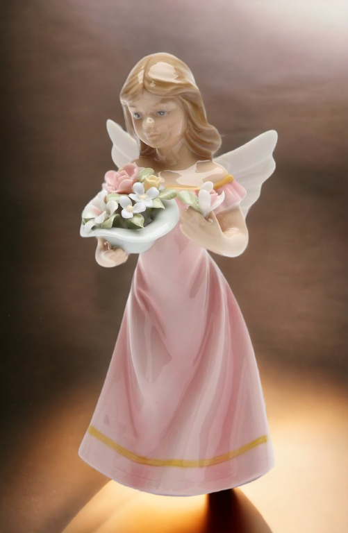 Ceramic Angel with Flowers in Pink Dress Figurine Religious Décor Religious Gift Church Décor Church Gift Baptism Gift