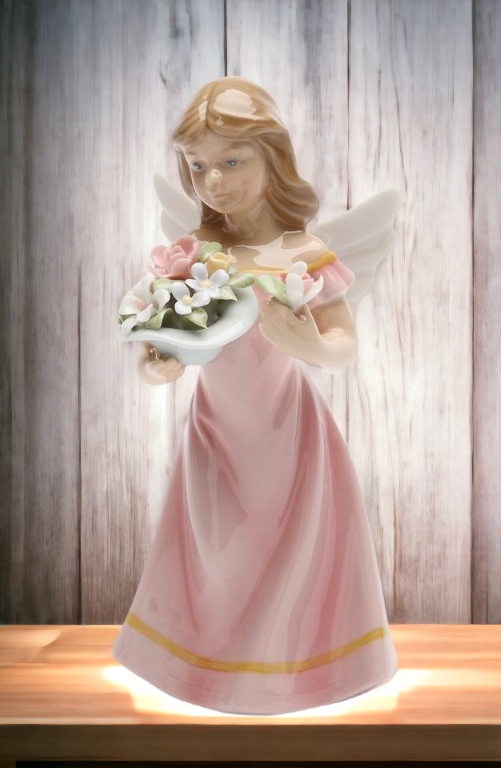 Ceramic Angel with Flowers in Pink Dress Figurine Religious Décor Religious Gift Church Décor Church Gift Baptism Gift