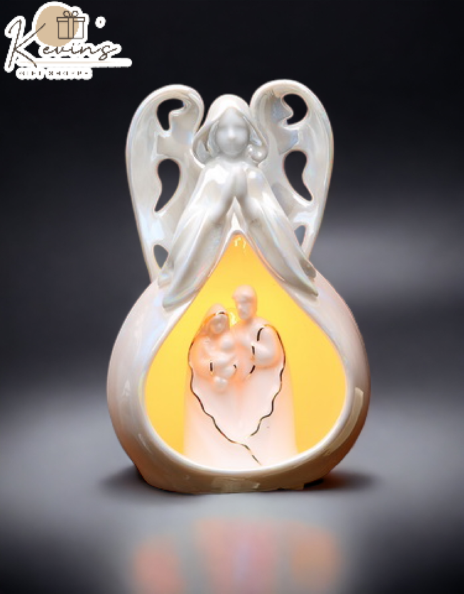 Ceramic Angel with Holy Family Plug-In Night Light Home Décor Religious Décor Religious Gift Church Décor Baptism Gift