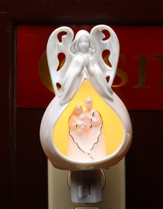 Ceramic Angel with Holy Family Plug-In Night Light Home Décor Religious Décor Religious Gift Church Décor Baptism Gift
