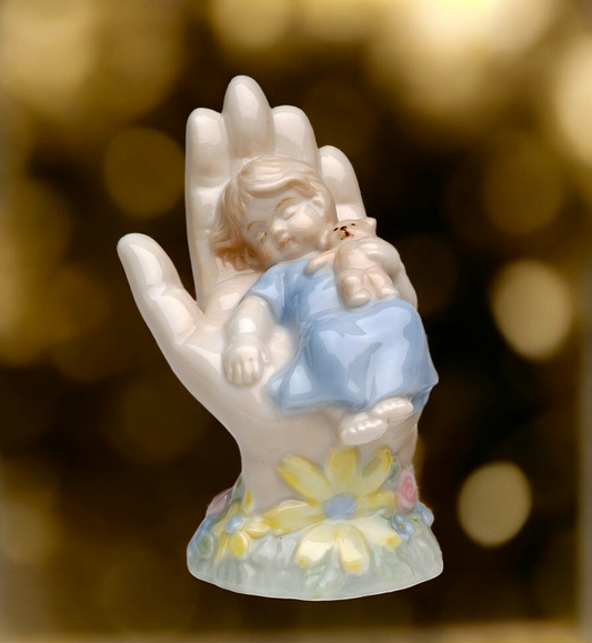 Ceramic Baby Boy Lying on Hand Figurine Gift for New Parents Nursery Room Decor - Figurine
