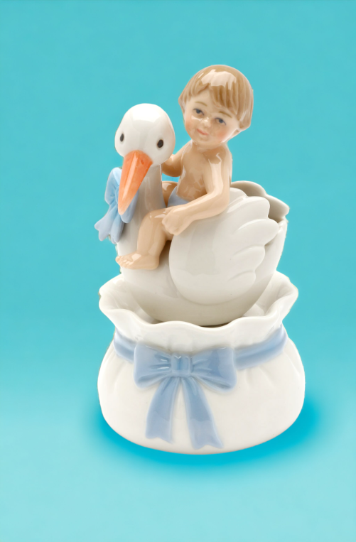 Ceramic Baby Boy With Stork Music Box Nursery Room Decor Baby Shower Gift Gift for New Mom Gift for Expecting Mother