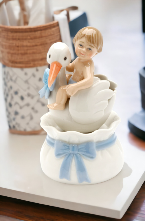 Ceramic Baby Boy With Stork Music Box Nursery Room Decor Baby Shower Gift Gift for New Mom Gift for Expecting Mother