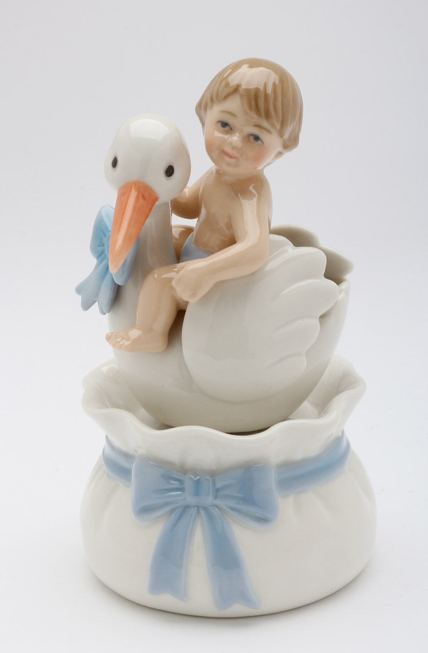 Ceramic Baby Boy With Stork Music Box Nursery Room Decor Baby Shower Gift Gift for New Mom Gift for Expecting Mother