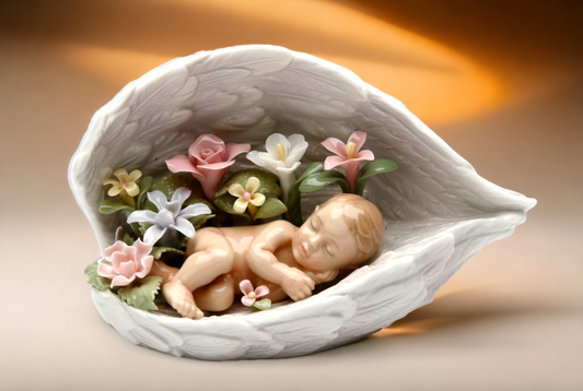 Ceramic Baby in Angel’s Wings Covered by Flowers Gift for New Parents Baby Shower Gift Home Decor Nursery Room Decor