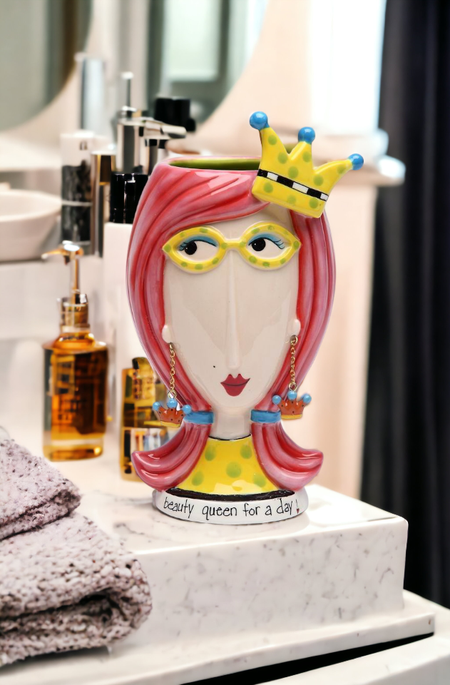 Ceramic Beauty Queen Vase or Brush Holder Home Décor Gift for Her Mom Friend or Coworker Vanity Décor - Vases