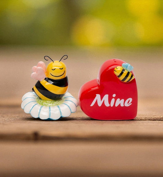 Ceramic Bee Mine Salt and Pepper Shakers Kitchen Decor Valentines Decor Bee Lover Gift - Salt & Pepper Shakers