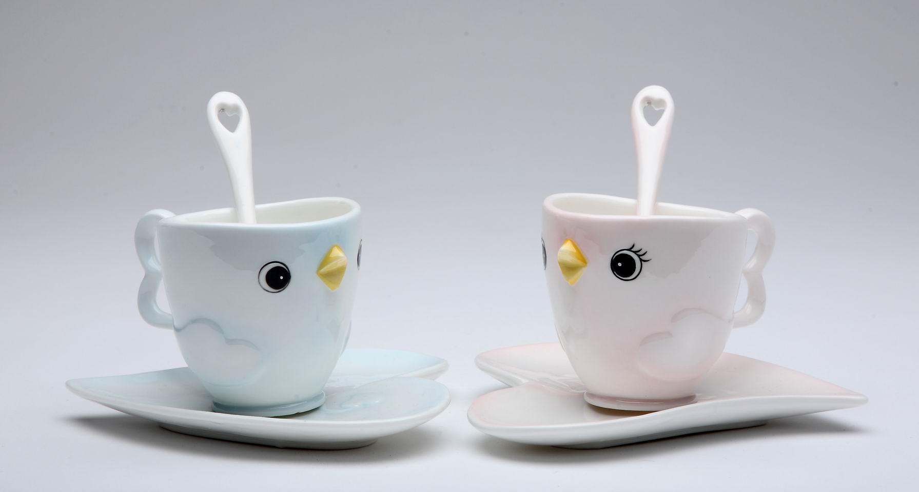 Ceramic Bird Cup & Saucer & Spoon-2 Sets Gift for Her Gift for Mom Gift for Friend or Coworker Tea Party Décor Café