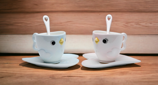 Ceramic Bird Cup & Saucer & Spoon-2 Sets Gift for Her Gift for Mom Gift for Friend or Coworker Tea Party Décor Café