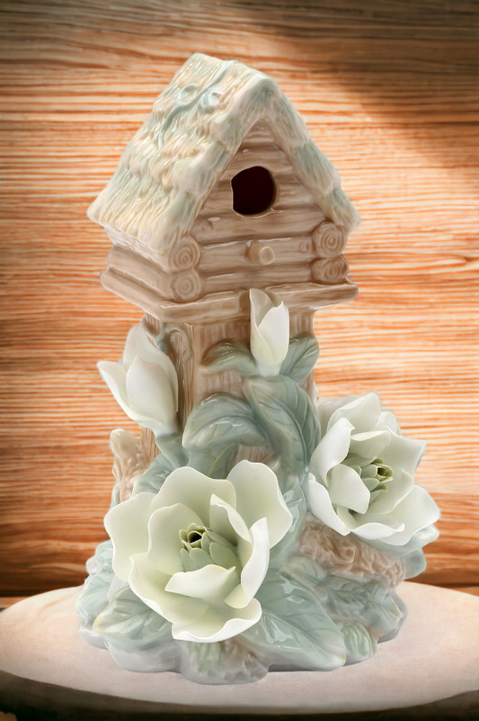 Ceramic Birdhouse With Magnolia Night Light Home Décor Gift for Her Gift for Mom Nature Lover Décor Cottagecore - Night