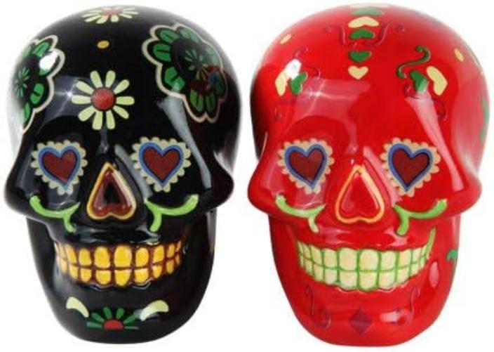 Ceramic Black and Red Day of the Dead Skulls Salt and Pepper Shakers Mexican Culture Mexican Kitchen Decor Gift for Her