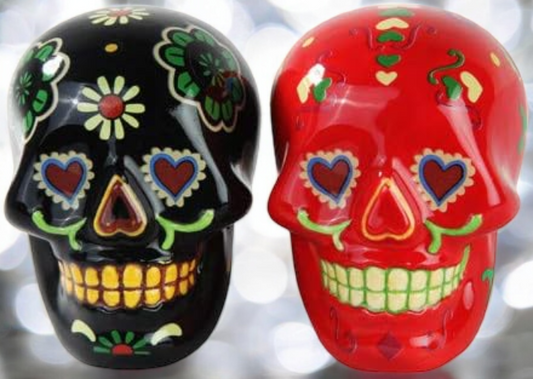 Ceramic Black and Red Day of the Dead Skulls Salt and Pepper Shakers Mexican Culture Mexican Kitchen Decor Gift for Her