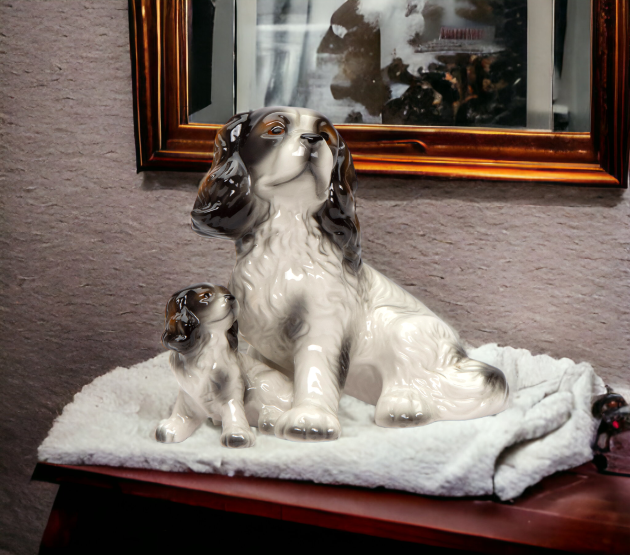 Ceramic Black and White Cocker Spaniel Dog with Puppy Figurine Gift for Her Gift for Mom Kitchen Décor Dog Lover Gift