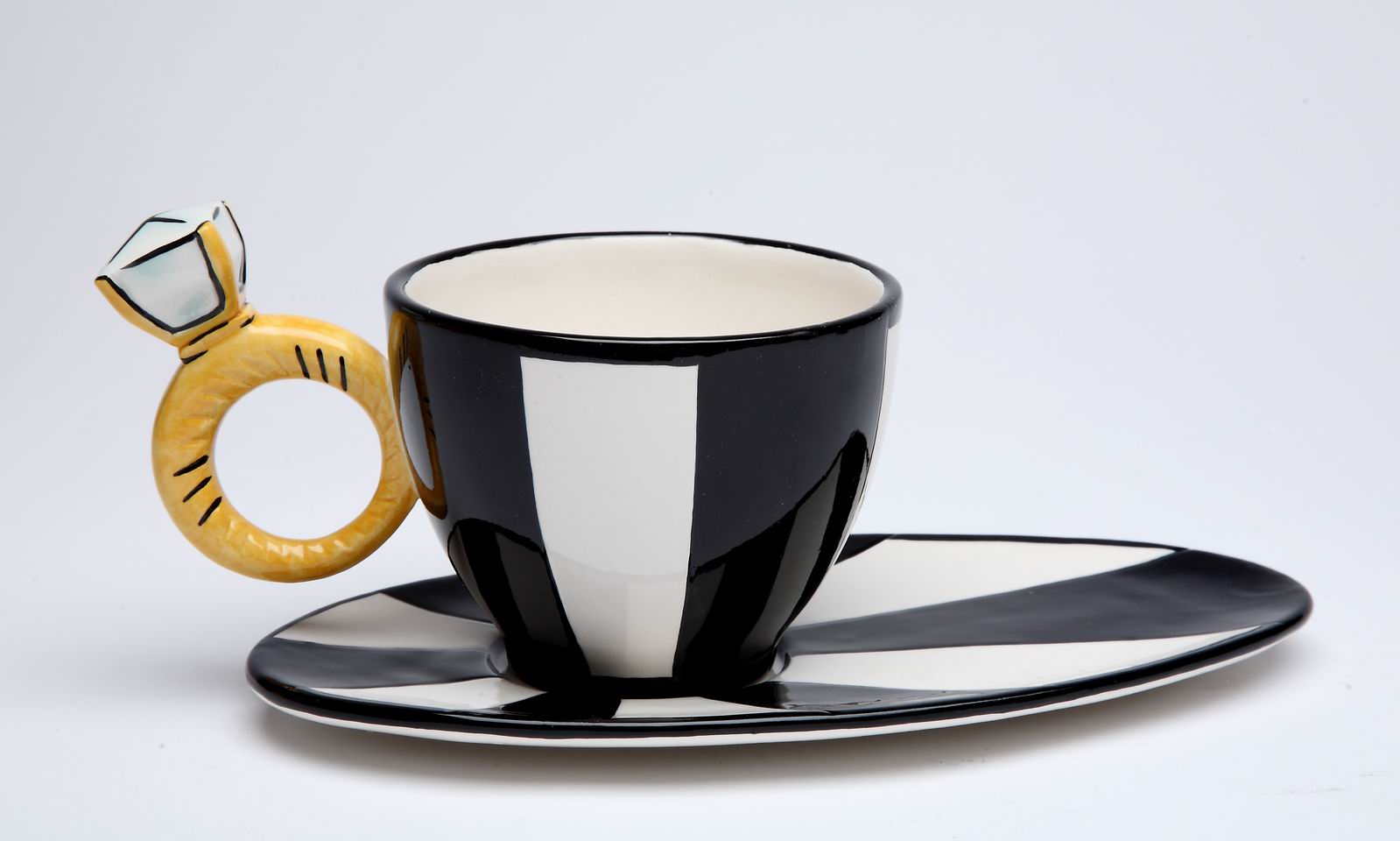 Ceramic Black And White Cup & Saucer with Diamond Ring Gift for Her Gift for Friend or Coworker Tea Party Décor Wedding