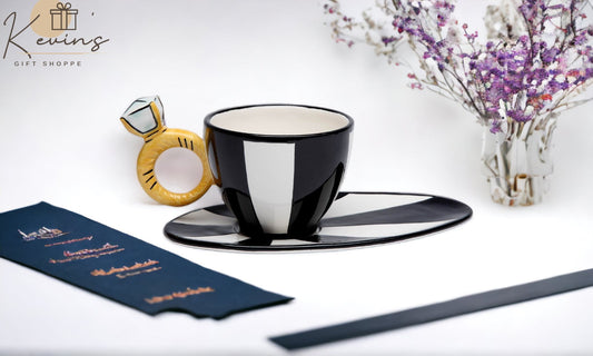 Ceramic Black And White Cup & Saucer with Diamond Ring Gift for Her Gift for Friend or Coworker Tea Party Décor Wedding