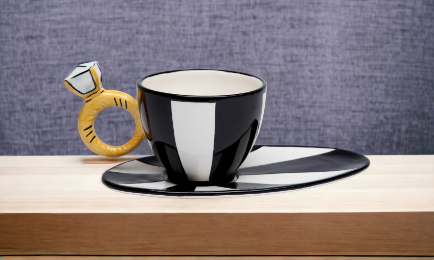 Ceramic Black And White Cup & Saucer with Diamond Ring Gift for Her Gift for Friend or Coworker Tea Party Décor Wedding