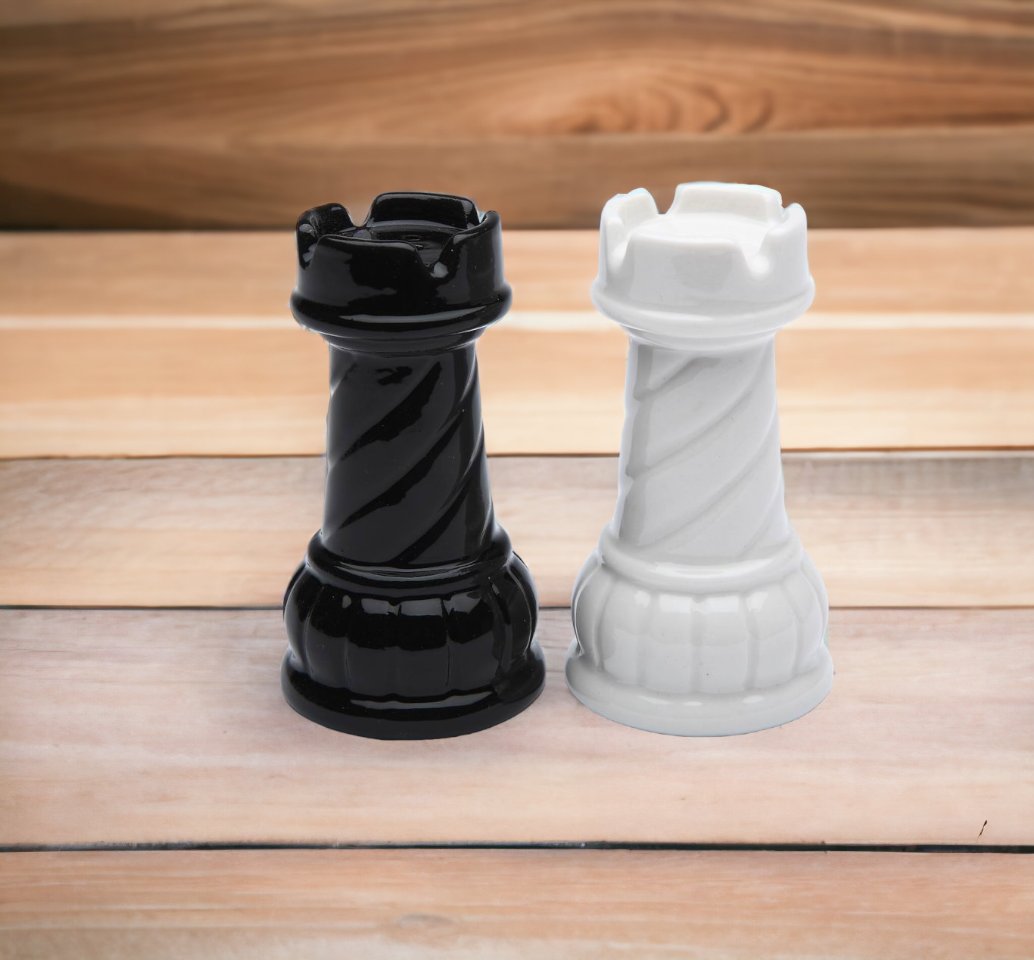 Ceramic Black and White Rook Chess Piece Salt and Pepper Shakers Home Décor Gift for Him Gift for Dad Kitchen Décor