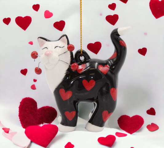 Ceramic Black Cat with Red Hearts Ornament Home Décor Gift for Her Gift for Mom Valentine’s Day Décor Romantic Décor