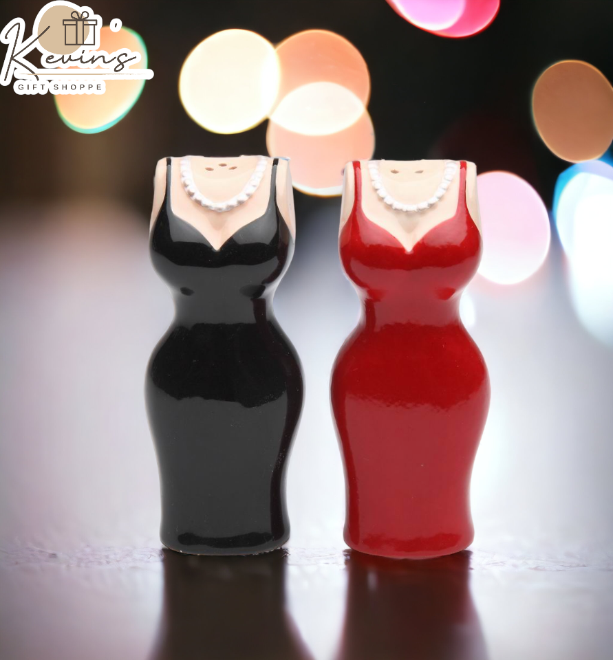 Ceramic Black & Red Dress Salt & Pepper Shakers Home Décor Gift for Her Mom Friend or Coworker Kitchen Décor - Salt &
