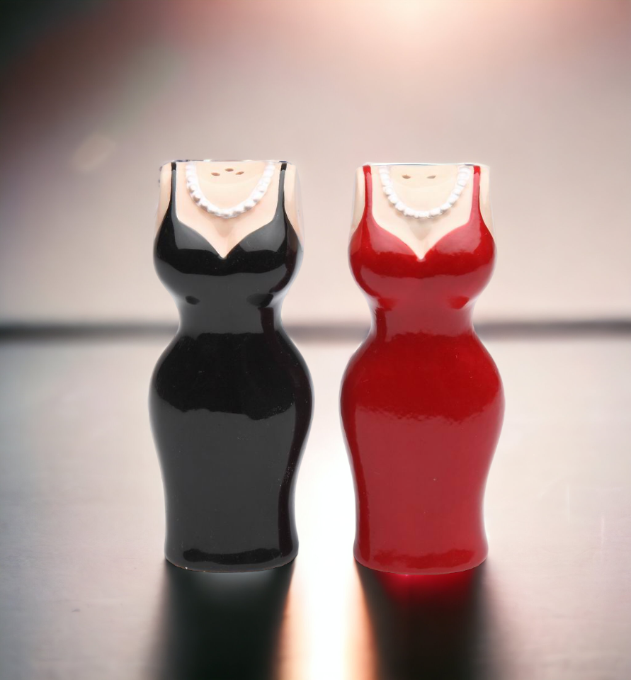 Ceramic Black & Red Dress Salt & Pepper Shakers Home Décor Gift for Her Mom Friend or Coworker Kitchen Décor - Salt &