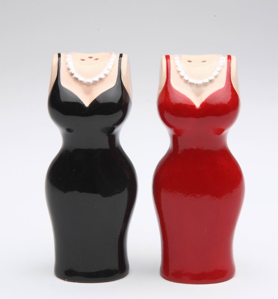 Ceramic Black & Red Dress Salt & Pepper Shakers Home Décor Gift for Her Mom Friend or Coworker Kitchen Décor - Salt &
