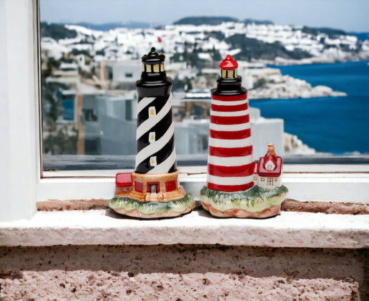 Ceramic Black & Red Lighthouse Salt & Pepper Shakers Home Décor Gift for Her Gift for Mom Kitchen Décor - Salt & Pepper