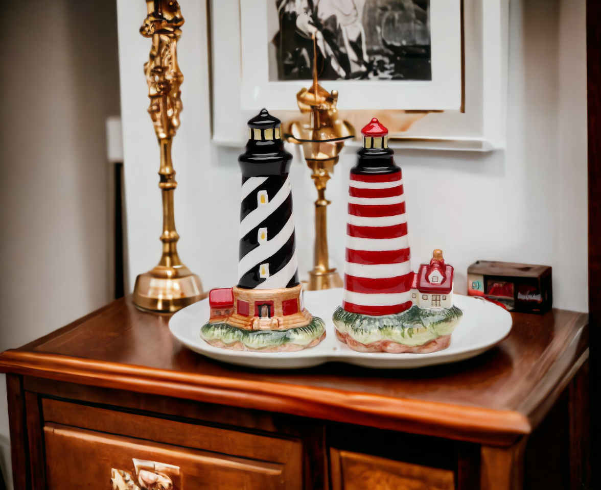 Ceramic Black & Red Lighthouse Salt & Pepper Shakers Home Décor Gift for Her Gift for Mom Kitchen Décor - Salt & Pepper
