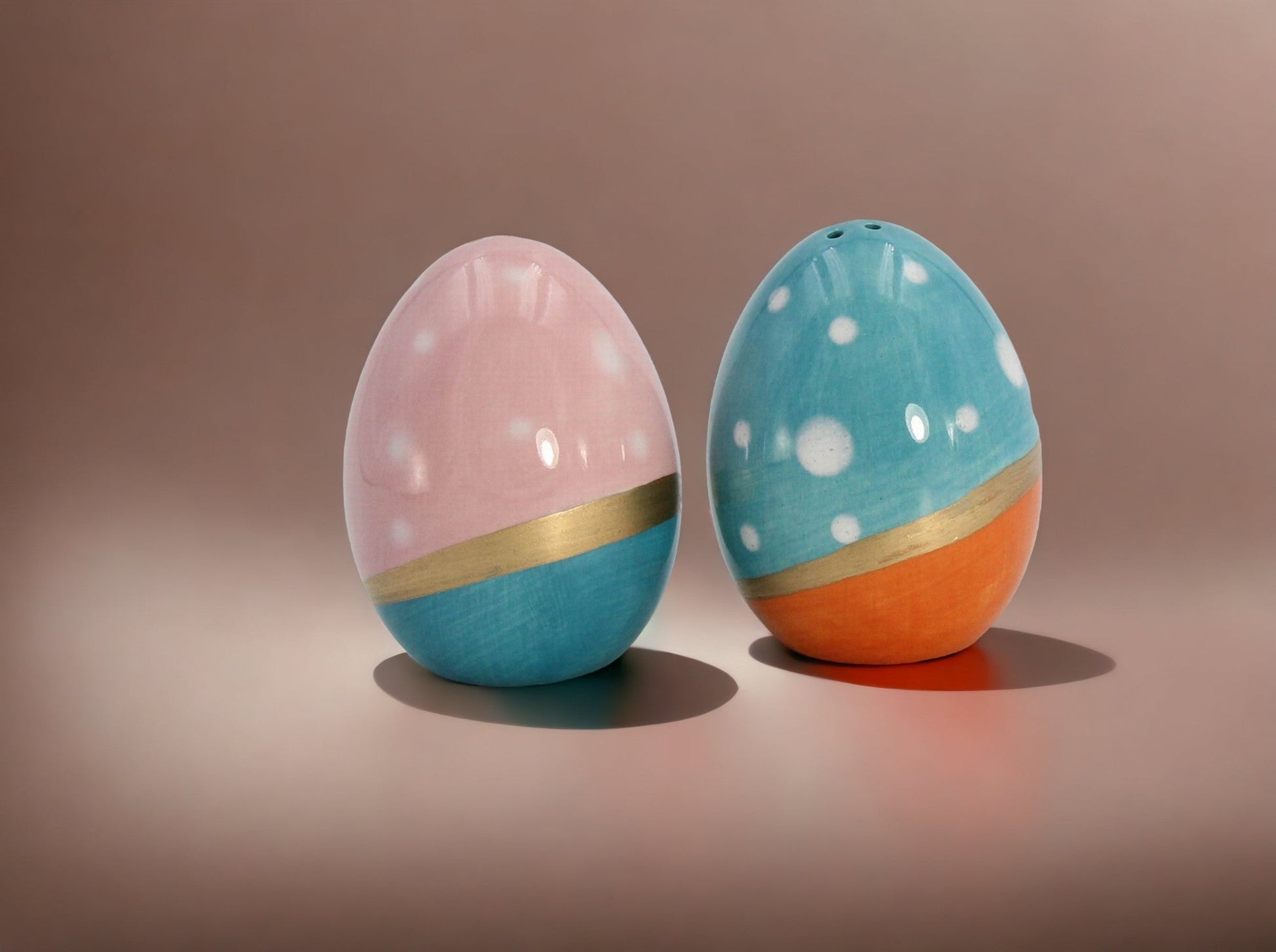 Ceramic Blue and Pink Easter Eggs with Gold Accent Salt and Pepper Shakers Gift for Her Gift for Mom Kitchen Décor