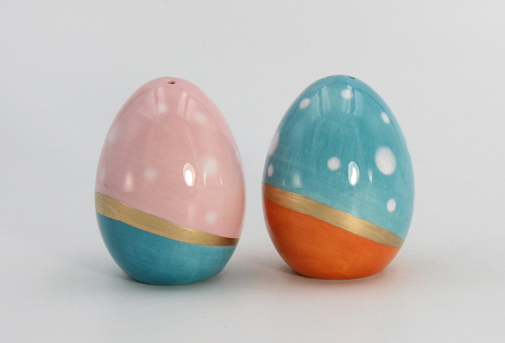 Ceramic Blue and Pink Easter Eggs with Gold Accent Salt and Pepper Shakers Gift for Her Gift for Mom Kitchen Décor