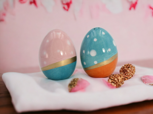 Ceramic Blue and Pink Easter Eggs with Gold Accent Salt and Pepper Shakers Gift for Her Gift for Mom Kitchen Décor