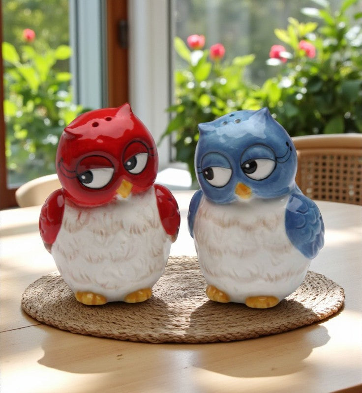 Ceramic Blue and Red Owl Salt and Pepper Shakers Home Décor Gift for Her Gift for Mom Kitchen Décor Birdwatcher Gift