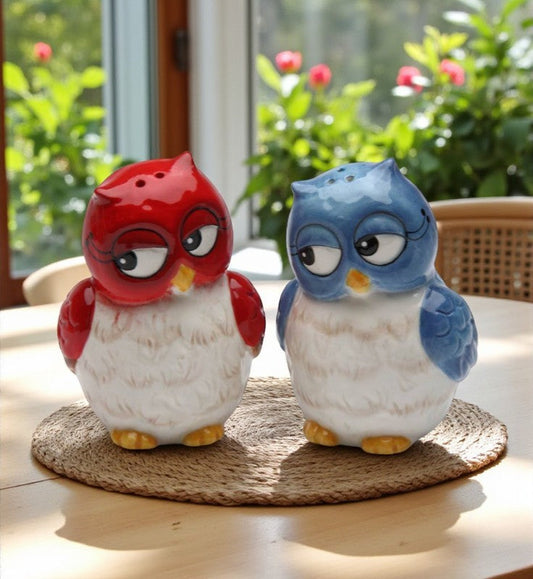 Ceramic Blue and Red Owl Salt and Pepper Shakers Home Décor Gift for Her Gift for Mom Kitchen Décor Birdwatcher Gift