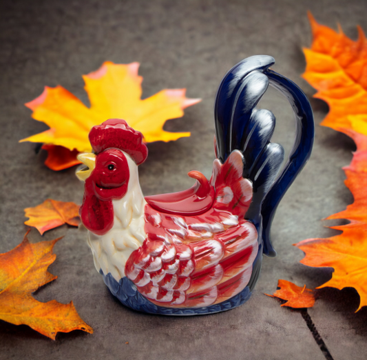 Ceramic Blue and Red Rooster Teapot Gift for Her Gift for Mom Tea Party Décor Café Décor Fall Thanksgiving Décor
