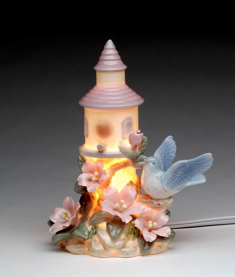Ceramic Blue Bird with Flowers Birdhouse Nightlight Birdwatcher Gift Vintage Decor Gift for Her Gift for Mom - Night