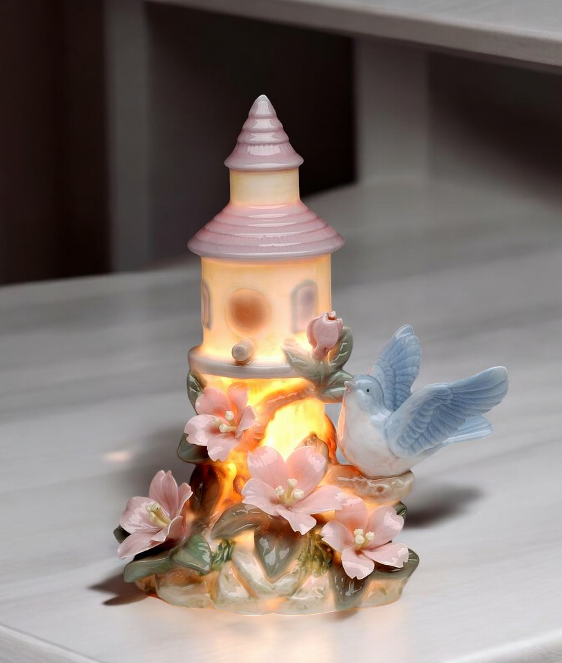 Ceramic Blue Bird with Flowers Birdhouse Nightlight Birdwatcher Gift Vintage Decor Gift for Her Gift for Mom - Night