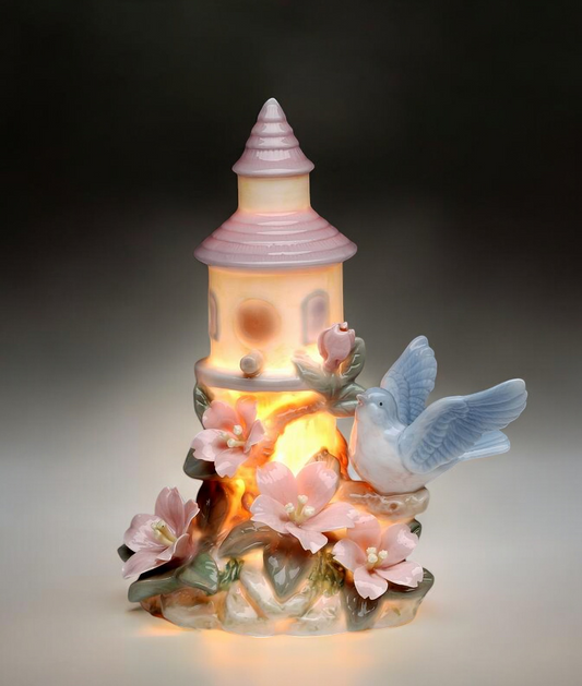 Ceramic Blue Bird with Flowers Birdhouse Nightlight Birdwatcher Gift Vintage Decor Gift for Her Gift for Mom - Night