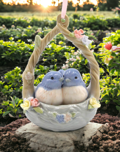 Ceramic Blue Birds in Basket Ornament Home Décor Gift for Her Gift for Mom Kitchen Décor Birdwatcher Gift Vintage Decor