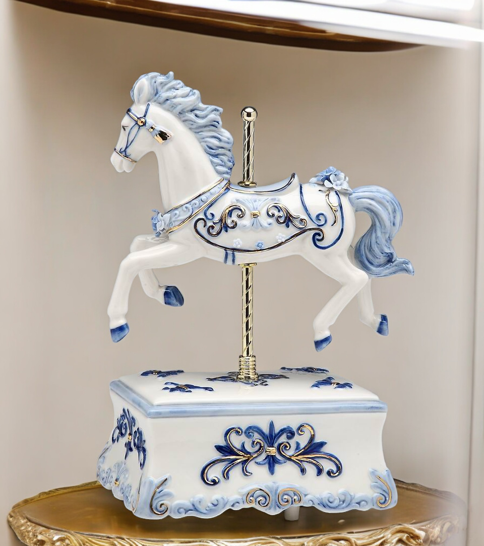 Ceramic Blue Carousel Horse Music Box Home Decor Horse Lover Gift Gift for Her Gift for Mom - Music box