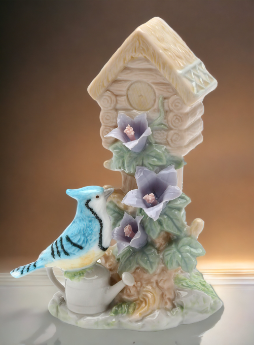 Ceramic Blue Jay Bird near Birdhouse with Flowers Figurine Home Décor Gift for Her Mom Kitchen Décor Birdwatcher Gift