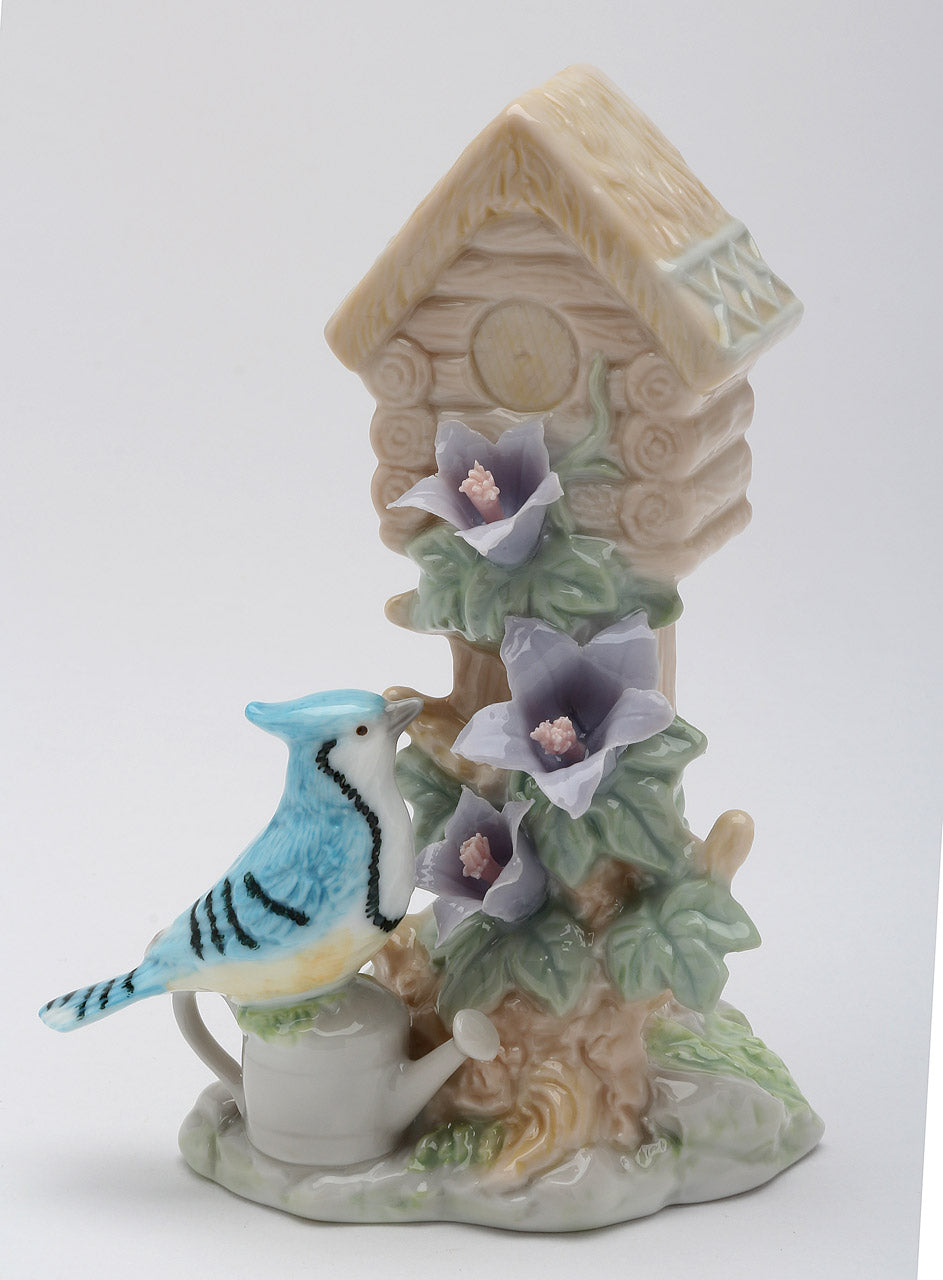 Ceramic Blue Jay Bird near Birdhouse with Flowers Figurine Home Décor Gift for Her Mom Kitchen Décor Birdwatcher Gift