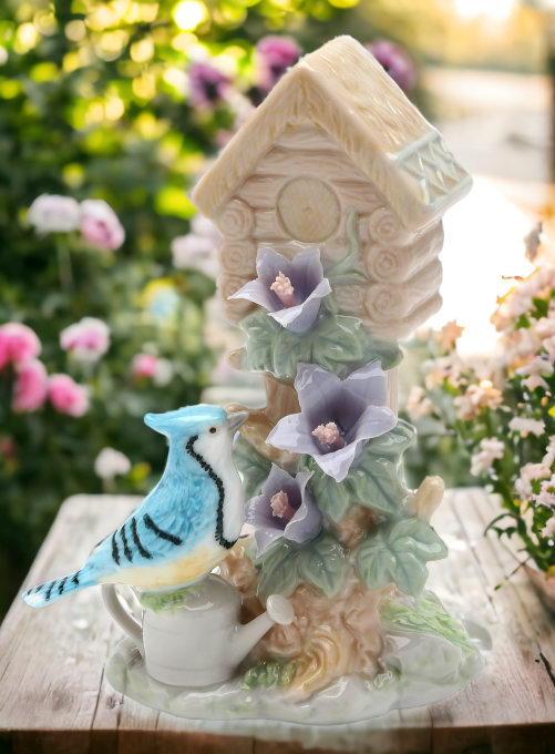 Ceramic Blue Jay Bird near Birdhouse with Flowers Figurine Home Décor Gift for Her Mom Kitchen Décor Birdwatcher Gift