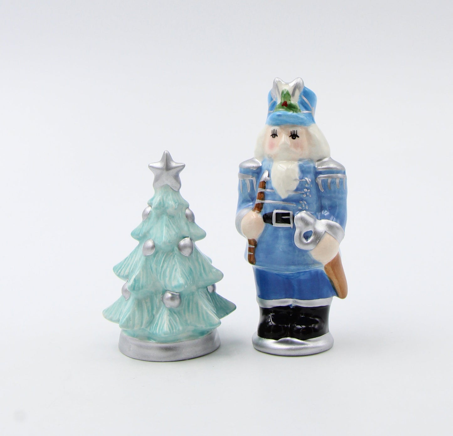Ceramic Blue Nutcracker with Christmas Tree Salt and Pepper Shakers Home Décor Gift for Her Gift for Mom Kitchen Décor