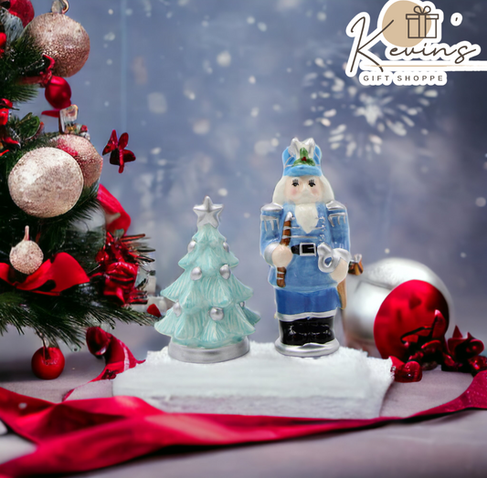 Ceramic Blue Nutcracker with Christmas Tree Salt and Pepper Shakers Home Décor Gift for Her Gift for Mom Kitchen Décor