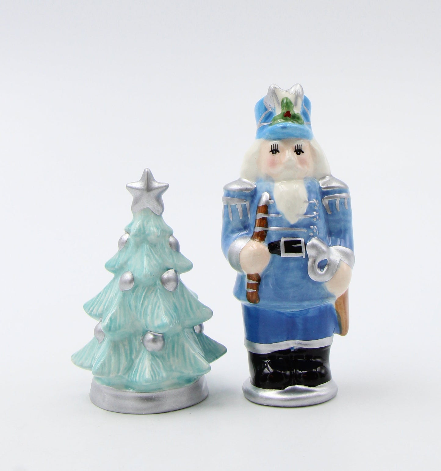 Ceramic Blue Nutcracker with Christmas Tree Salt and Pepper Shakers Home Décor Gift for Her Gift for Mom Kitchen Décor