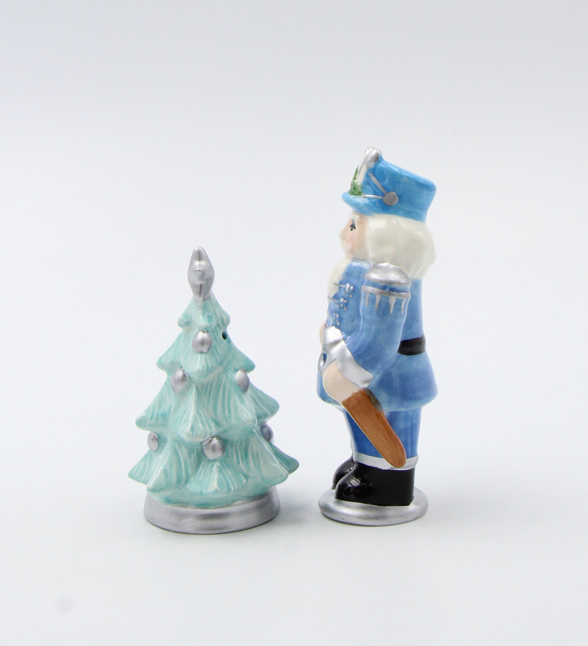 Ceramic Blue Nutcracker with Christmas Tree Salt and Pepper Shakers Home Décor Gift for Her Gift for Mom Kitchen Décor
